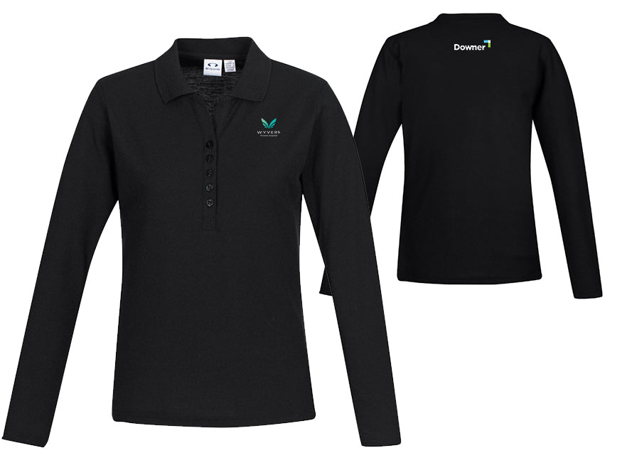 Womens Crew Long Sleeve Polo - BLACK