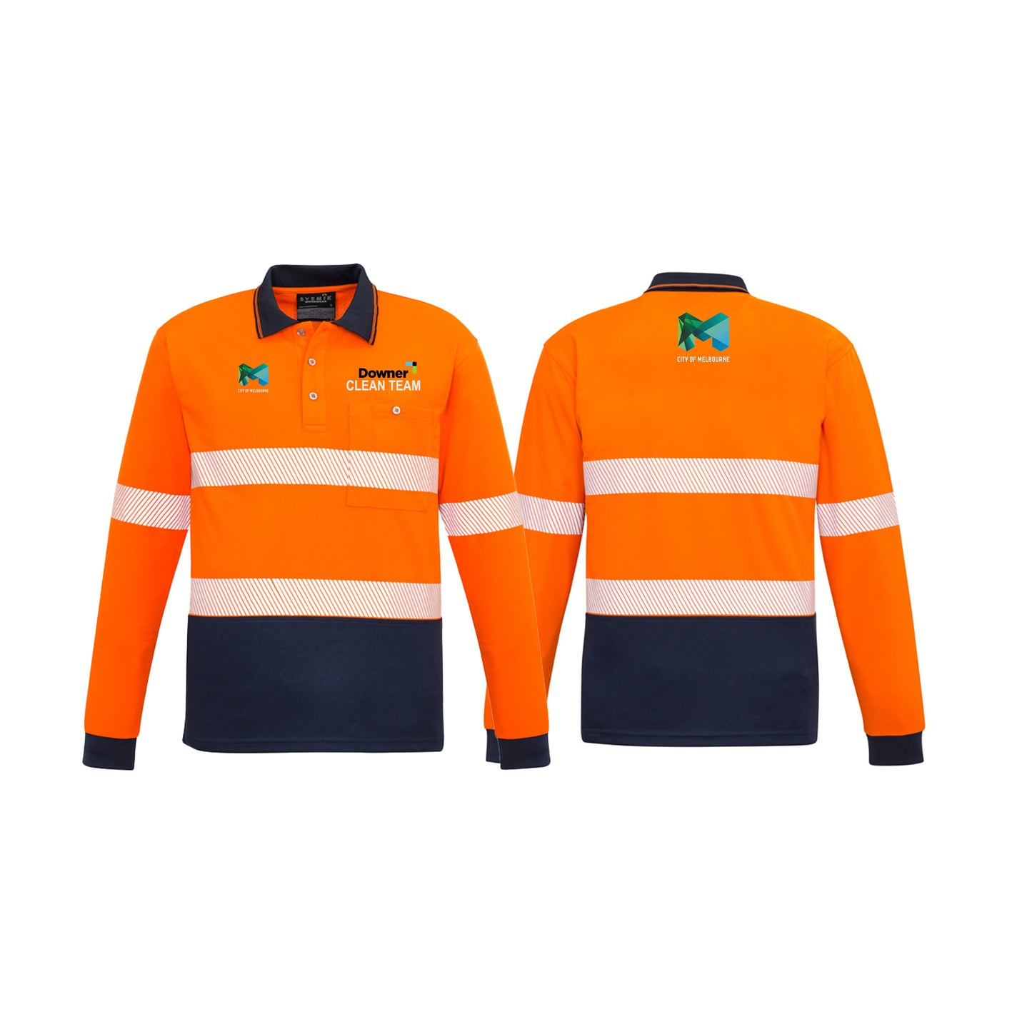 Unisex Hi Vis Segmented Tape Long Sleeve Polo - ORANGE/NAVY