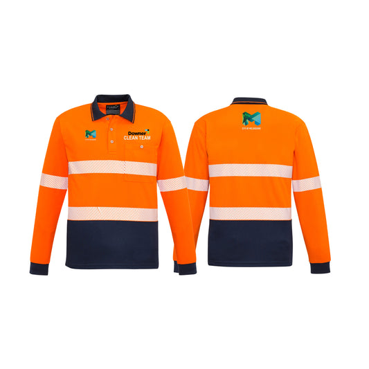 Unisex Hi Vis Segmented Tape Long Sleeve Polo - ORANGE/NAVY