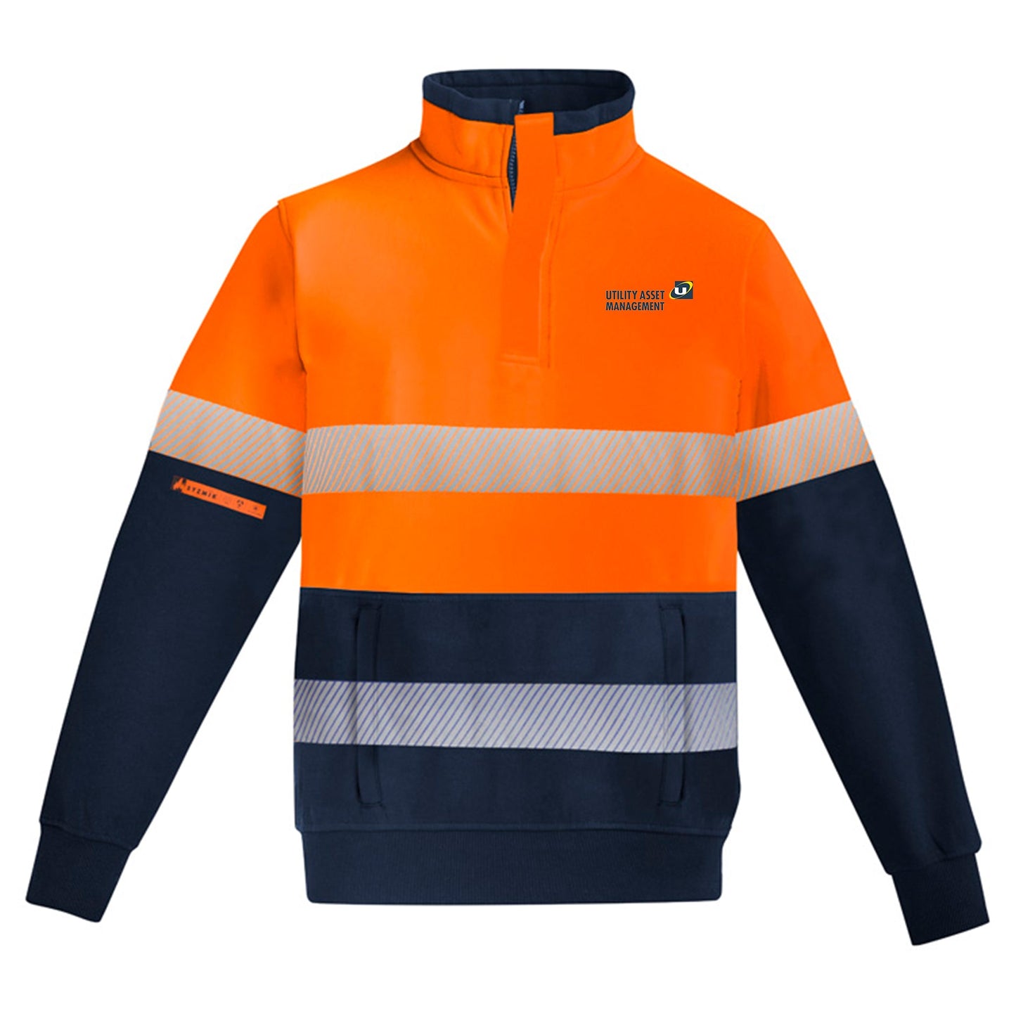 Mens Orange Flame Hi Vis 1/4 Zip Brushed Fleece Pullover - Hoop Taped - ORANGE/NAVY