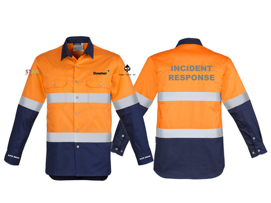 Mens Industrial Long Sleeve Shirt - Hoop Taped - ORANGE/NAVY