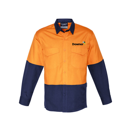 Mens Rugged Cooling Hi Vis Long Sleeve Shirt - ORANGE/NAVY
