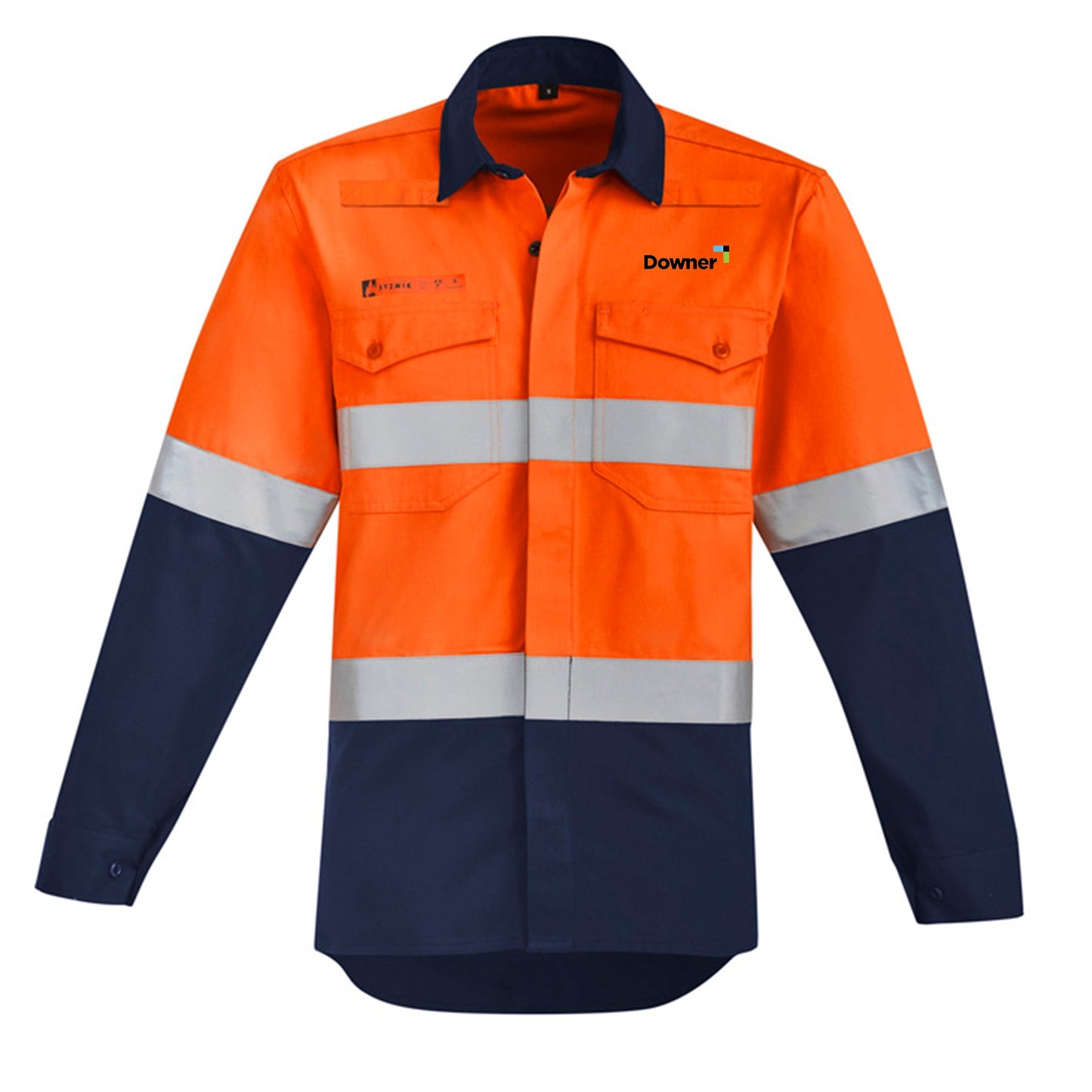 Mens Orange Flame Hi Vis Open Front Spliced Shirt - Hoop Taped - ORANGE/NAVY