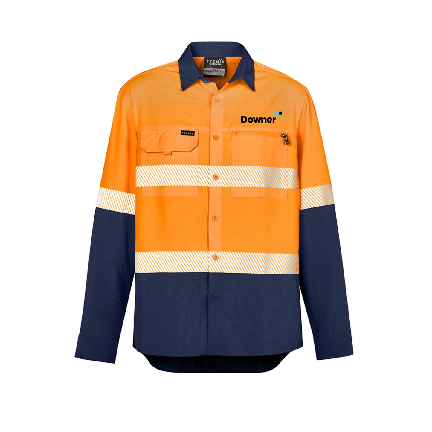 Mens Hi Vis Outdoor Segmented Tape L/S Shirt - Orange/Navy