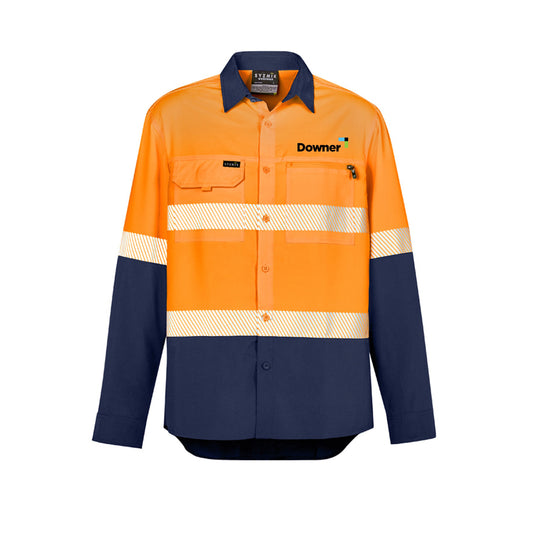 Mens Hi Vis Outdoor Segmented Tape L/S Shirt - Orange/Navy